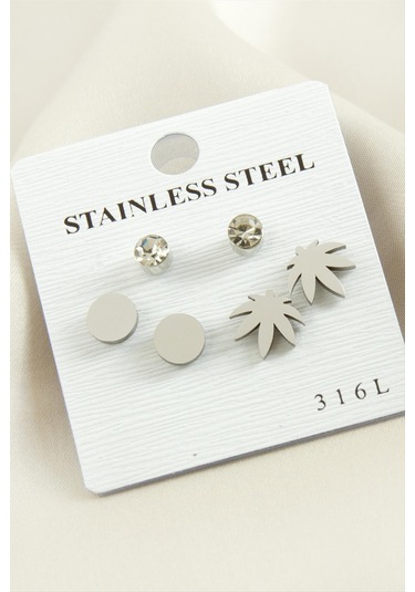 6 Adet Yaprak Taşlı Çelik Küpe 0407 Gümüş