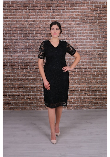 Nidya Moda Büyük Beden Kadın Siyah Dantel Elbise-4161S Siyah