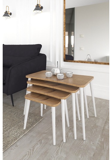 Alanur 5li Orta Sehpa Ve Zigon Sehpa Ahşap Ayaklı Çay Kahve Sehpası Xl Salon Seti Ceviz