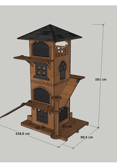 Mandu Ahşap 4 Katlı Teraslı Kedi Evi Tırmalama + Mama Kaplı