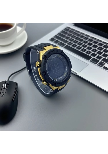 Primepickings Siyah Altın Erkek Spor Dijital Alarmlı Su Geçirmez Lüminesant Kadranlı Genç Saati Diğer