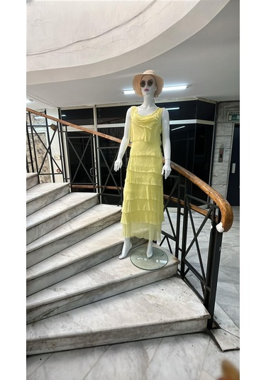 Italyan 2 Beden İnce Gösteren Kat Kat Sıfır Kol İpek Elbise-8769 Açık Sarı