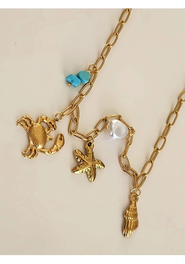 Yengeç İnci Firuze Taş Model Charmlı Yaz Beach Plaj Tatil Kolye 46cm Gold
