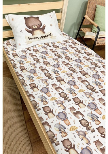 Organik Tek Kişilik Lastikli Çarşaf Seti - Minik Dostum Ayıcık Renkli