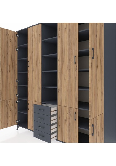 Kronos Dolap 17 Raflı 4 Çekmeceli 8 Kapaklı 220x59x243 Antrasit-çam/antrasit Atlas Çam/antrasıt