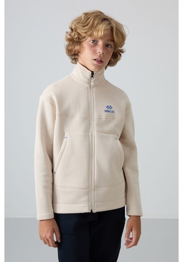 Tommy Life Bej Pamuklu Kalın İçi Tüylü Yumuşak Dokulu Standart Fit Nakışlı Erkek Çocuk Sweatshirt - 11245 Bej