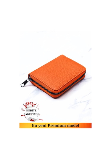 Unisex Vegan Deri Fermuarlı Turuncu Cüzdan Kartlık Ve Portföy Hediye Paketinde Turuncu