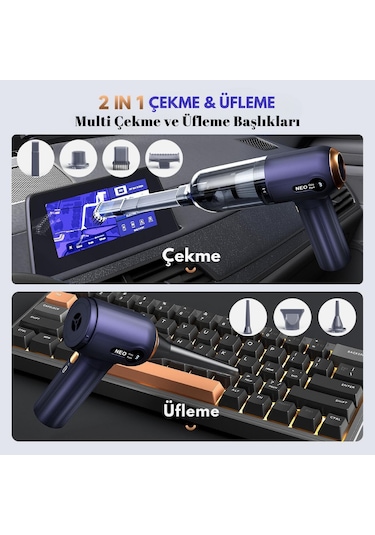 Şarjlı Araç Süpürgesi 3 Kademeli Süper Çekim Gücü 2in1 18.000pa