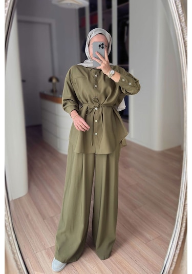 Ka Hijab Bağcıklı Bluz Pantolon Takım - Haki