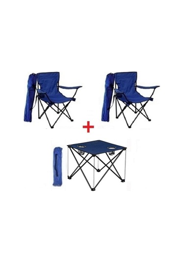 2 Adet Mavi / Lacivert Katlanır Kamp Sandalyesi 1 Adet Masa Piknik Çantalı Lacivert