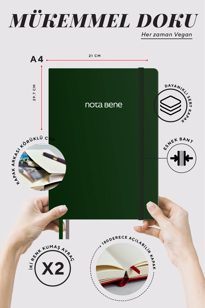 Nota Bene Premium Sert Kapak Defter, 21x29 Cm, Çizgili Yeşil