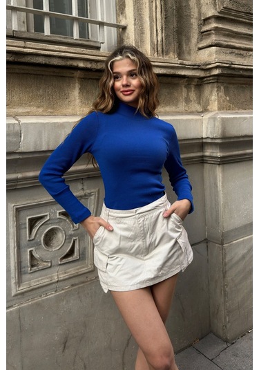 Saks Yarım Balıkçı Şardonlu Fitilli Bluz Saks