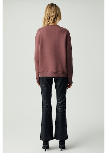 VANELTINA Kadın Organik Pamuklu Yumuşacık İçi Polarlı Yuvarlak yakalı Mürdüm Sweatshirt