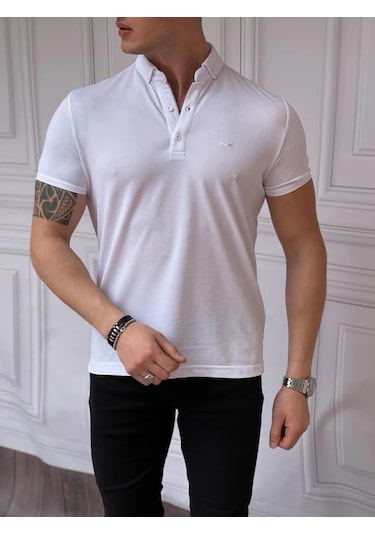 Modefendi Merserize Polo Yaka Slimfit Kalıp Tshirt Beyaz