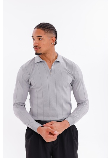 Monox Erkek Yarım Fermuarlı Polo Yaka Triko Kazak Gri