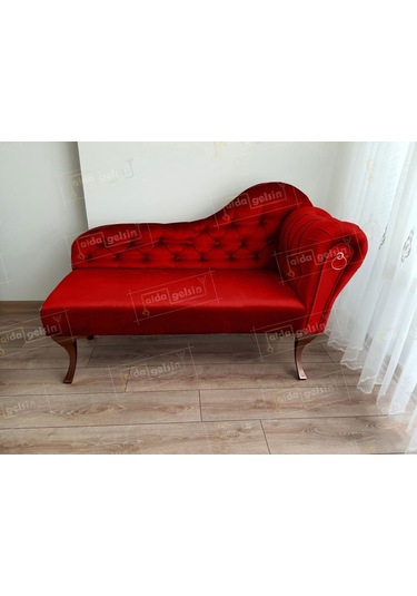 Ters Kol Dekoratif Bihter Koltuk Josefin Puf 130 Cm Ceviz Ayak Kırmızı