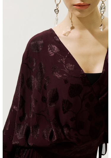 Jakarlı Saten Kimono Bordo Bordo