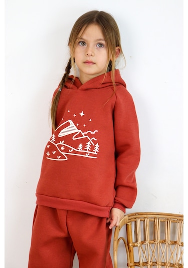 3 İp Baskılı Kapüşonlu Şardonlu İkili Takım Kiremit