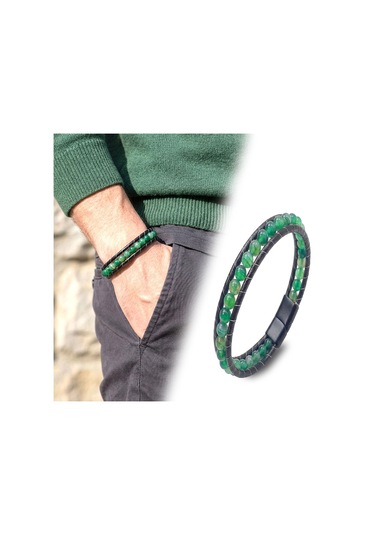 Moncuk Design 6mm Yeşil Akik Taşlı Deri Kordon Ve Çelik Bileklik 33512b2d6m6