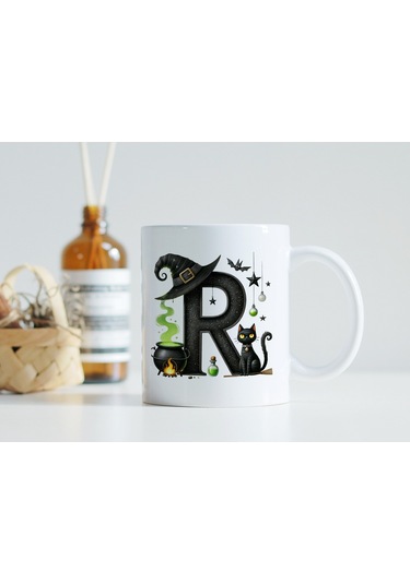 R Harfli Halloween Kedili Figür Kupa Bardak - Şapkalı Ve Kazanlı İsme Özel Kupa - Hediye 07 Beyaz