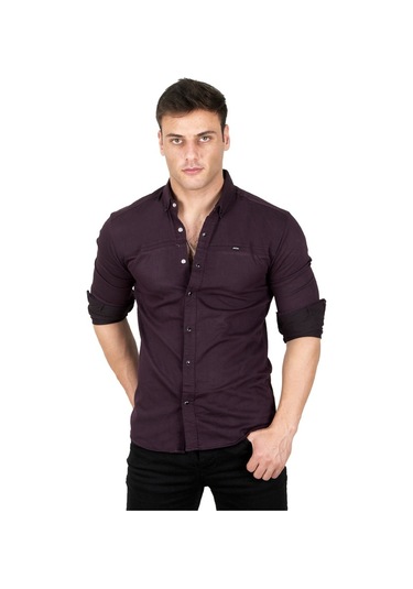 Deepsea Erkek Mürdüm Çıt Çıt Düğmeli Kot Gömlek 2300412 Mürdüm