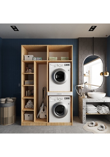 Megan Çamaşır Ve Kurutma Makinesi Dolabı Banyo Dolabı Meşe Beyaz Meşe Beyaz