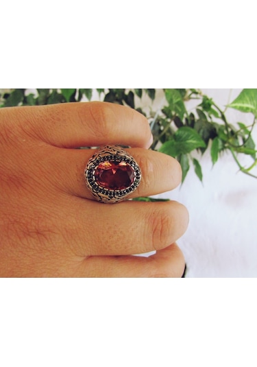 Zultanit Oval Taşlı Yanları Siyah Taşlı Gümüş Erkek Yüzük