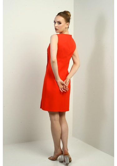 Kadın Kendinden Telalı Yan Düğmeli Kısa Elbise-40667 Mercan