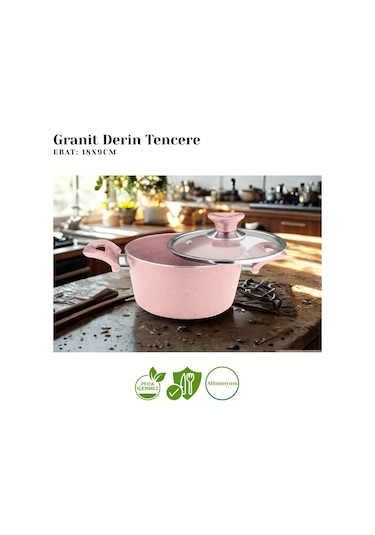 10 Parça Granit Set Cam Kapak - Pembe Pembe