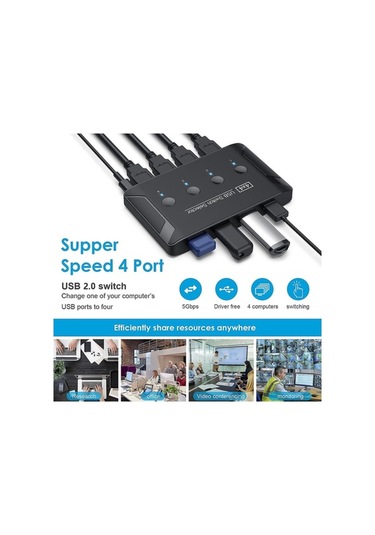 Pazly Usb 2.0 4x4 Kvm Anahtar Kutusu Hub Adaptörü, Tak Ve Çalıştır, 5 Gbps Hızlı Adaptör