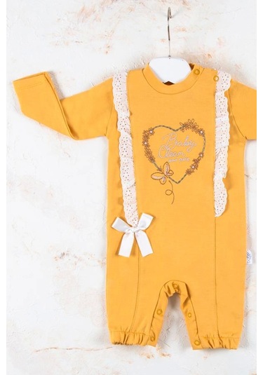 Love Kalp Nakışlı % 100 Pamuk Kız Bebek Tulumu - Sarı