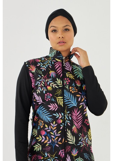 Tam Kapalı Tesettür Mayo Deniz Mayosu Renkli Çiçekler Td21-249 Siyah Siyah