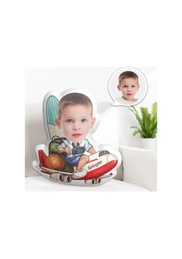 Kişiye Özel Uçak Üstündeki Çocuk Seyahat Tasarımlı Şekilli Yastık Çok Renkli