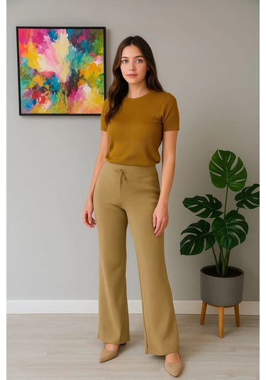 Kadın Yüksek Bel Triko Pantolon Yeşil