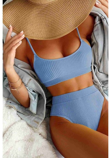 Angelsin Yüksek Bel Özel Kumaş Bikini Altı Mavi 001