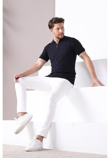 Ferraro Lacivert Polo Yaka Fermuarlı Erkek Pamuk Triko T-Shirt-Lacivert (417942239) Lacivert