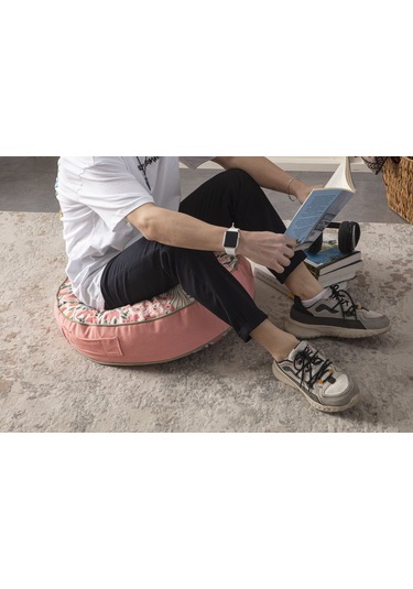 Çiçek Desenli Taşınabilir Yuvarlak Yer Minderi Puf 60x60 Cm