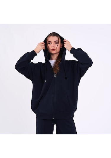 MMetalic Lacivert Kanguru Cepli Kapüşonlu Fermuarlı Oversize Kadın Sweatshirt Lacivert