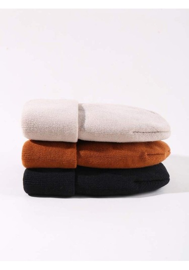 Eke Tekstil Unisex Katlamalı 3'lü Bere Seti Kiremit - Siyah - Taş Siyah - Kiremit