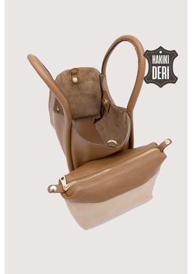 Hakiki Deri Kadın Organizerlı El Çantası Taba Smr9206 Taba