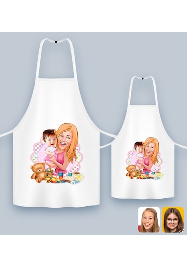 Bk Gift Kişiye Özel İkili Anne Kız Karikatürlü Mutfak Önlüğü Seti-7, Anneye , Anneler Günü leri