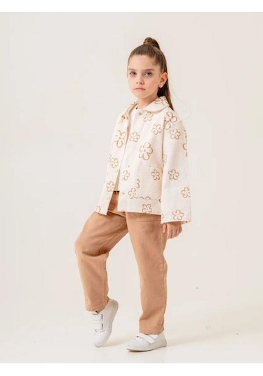 Kız Çocuk Çiçek Desenli Ceket Tshirt Pantolonlu Takım-15508 Bej
