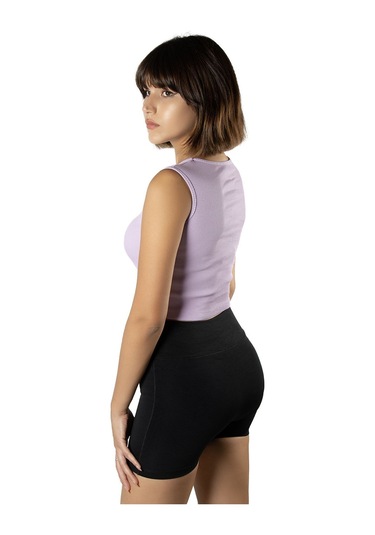 2'li Paket Lila Açık Mavi Fitted/vücuda Oturan Crop Halter Yaka Fitilli Esnek Örme Bluz Atlet Lila Açık Mavi