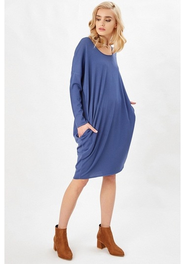 Peraluna Indigo Renk 3/4 Kol Balon Kadın Triko Elbise İndigo