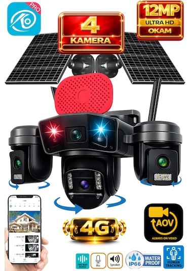 O-kam Ok336 Premium Serisi 12mp 4 Kameralı 4g Çift Solar Panel Gece Görüş 1 Yıl +128gb Hafıza
