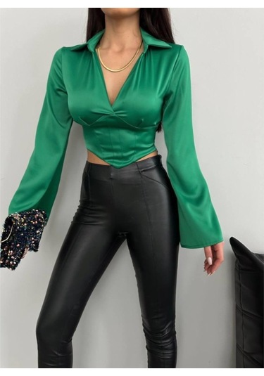 Saten Crop Bluz - Yeşil Renkli