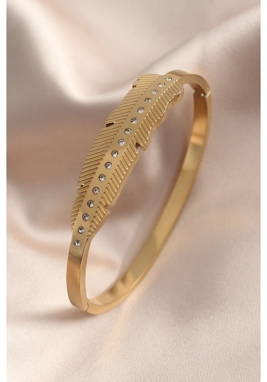 Yaprak Model Zirkon Taş Detay Kelepçe Kadın Bileklik Gold Renk Çok Renkli