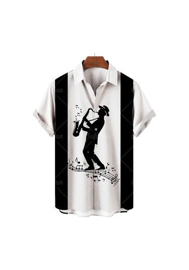 Snapbuyerkek Müzikal Gitar Baskılı Hawaii Gömlek Kısa Kollu Plaj Parti Üst Büyük Bedenhaki Haki