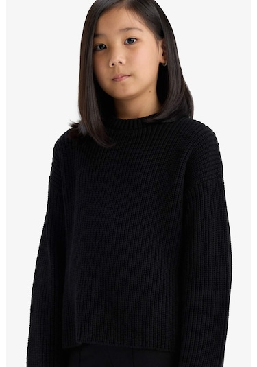 Defacto Kız Çocuk Standart Fit Bisiklet Yaka Triko Kazak C6909a825aubk27 Siyah