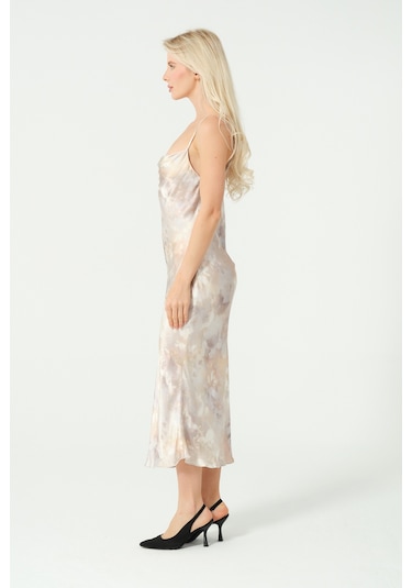 S'amore Clothing Degaje Döküm Saten Elbise Multi Bej Multi Desen